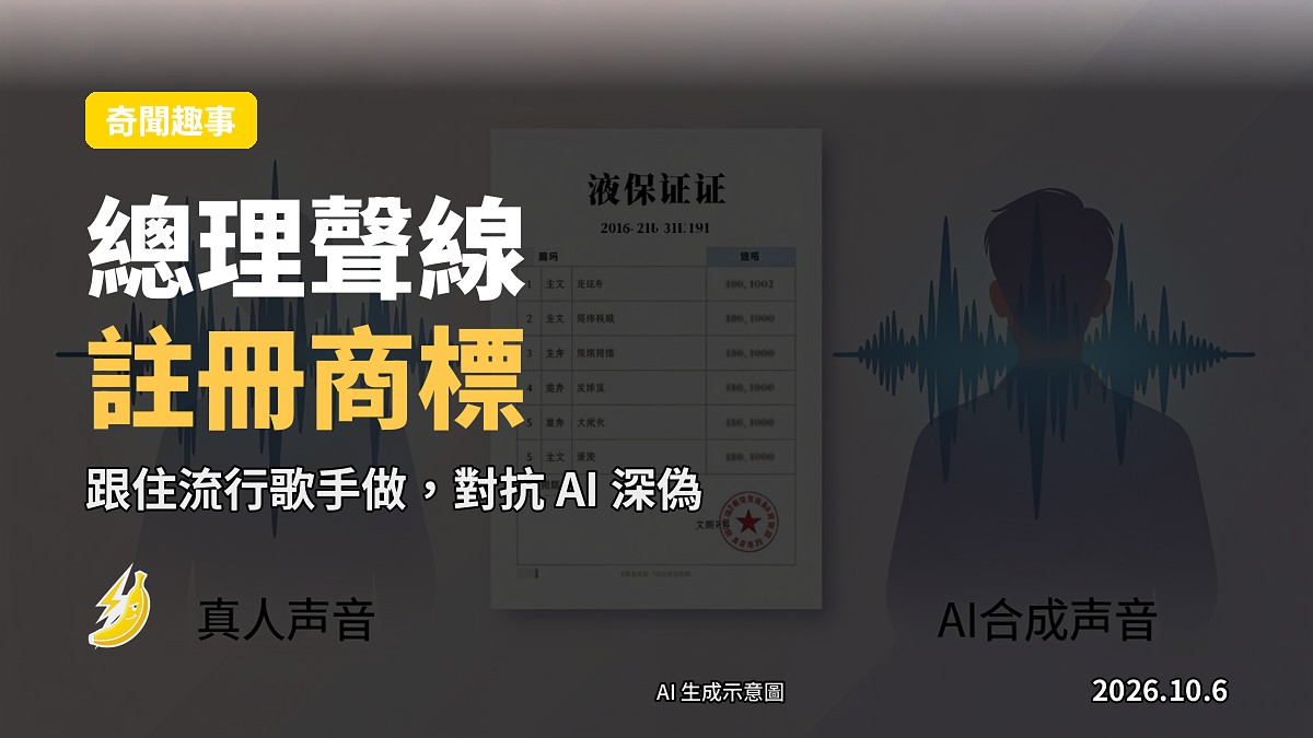 示意圖：一個人嘅聲線波形同 AI 生成嘅聲線波形並排，中間有一條商標註冊表格。