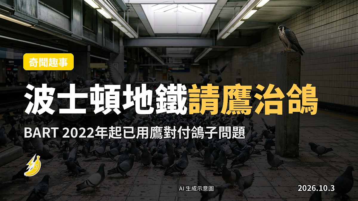 一隻鷹站在城市地鐵站嘅木架上，背景有鴿子飛走，示意圖