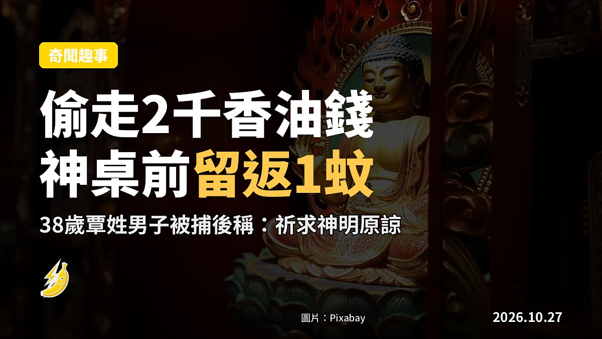 偷咗2千香油錢留返1蚊人仔 38歲男子被捕：想請神明原諒