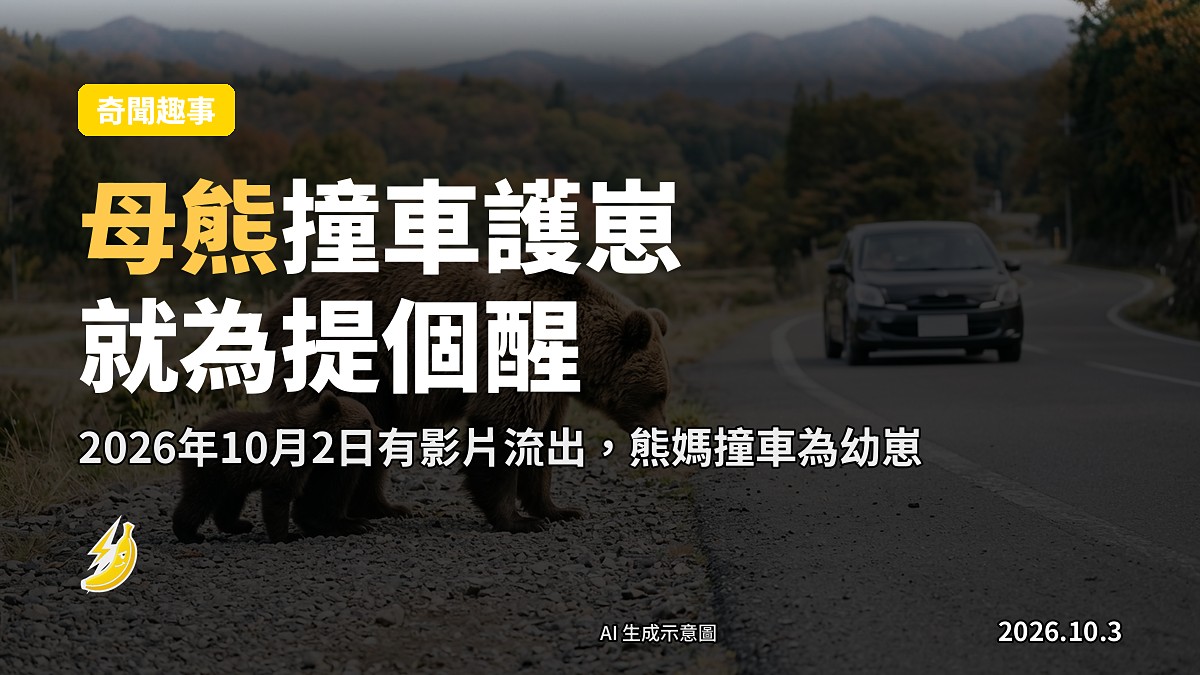 母熊喺日本山区公路喺行車前保護幼崽嘅示意圖