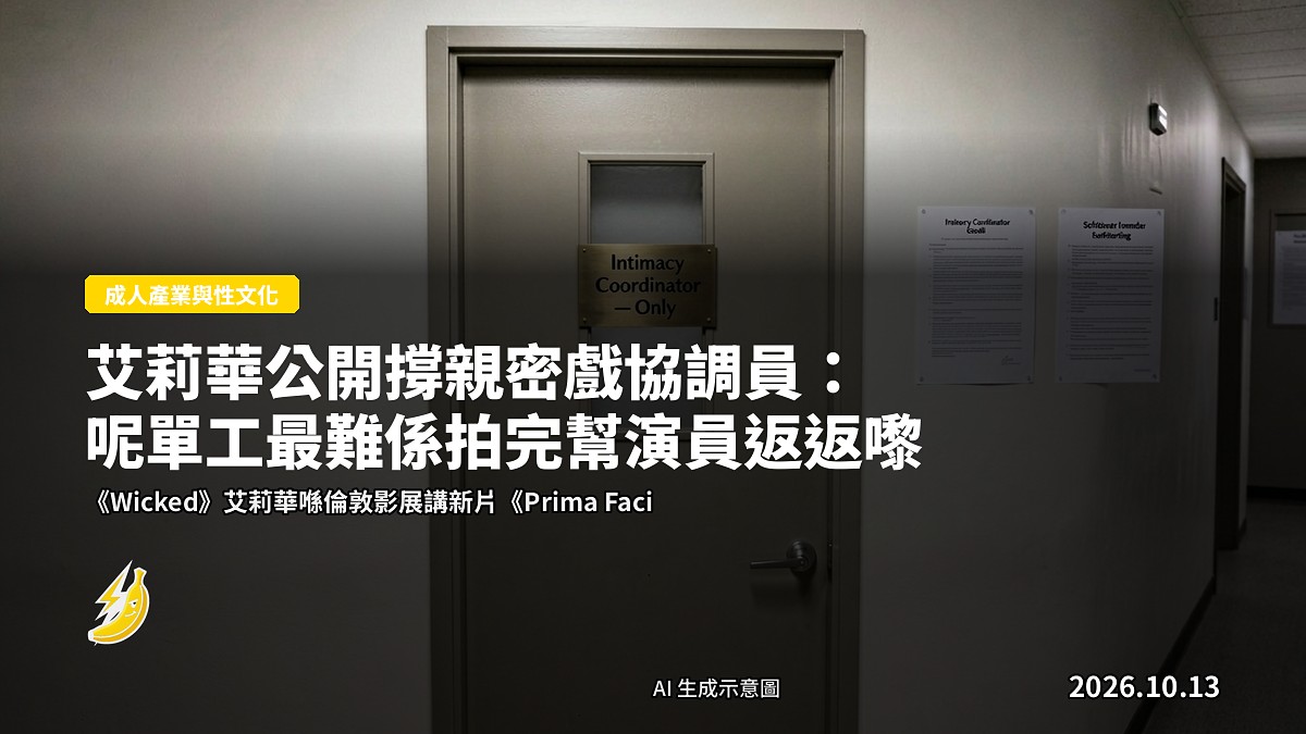攝影棚内一個空嘅演員更衣間，門牌上有英文「Intimacy Coordinator — Only」字樣，牆上掛住一份拍攝同意書同貼有安全規範海報，光線中性，無任何人物。