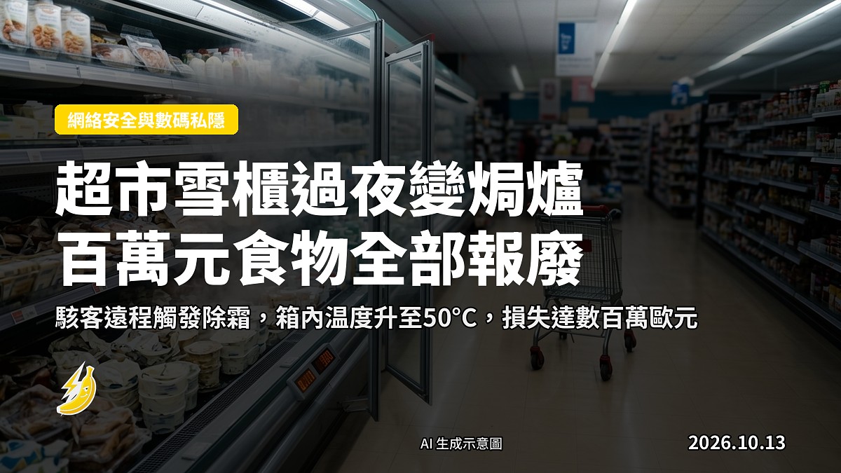 一間超市冷櫃門大開，櫃內燈亮，熱氣從中湧出，無任何人。