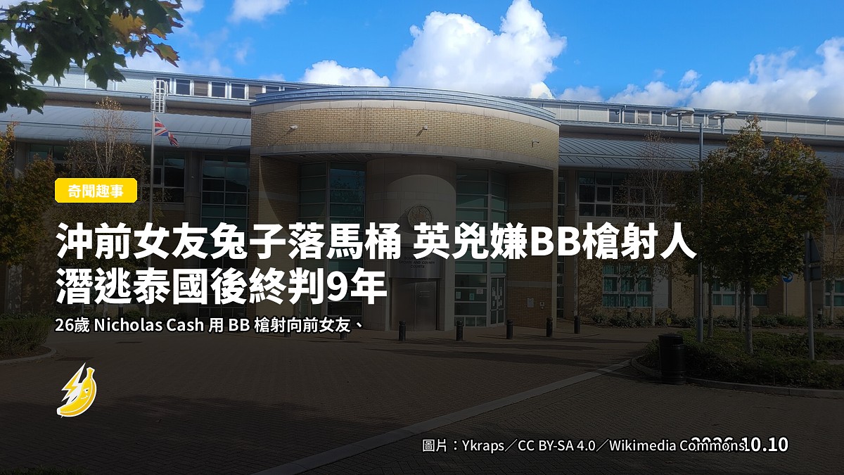 Bournemouth Crown Court 嘅庭門示意圖，外有英國旗，門上寫 Bournemouth Crown Court。