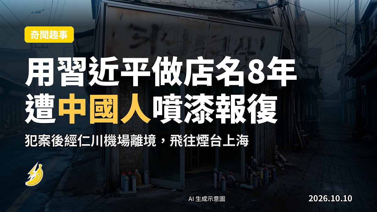 示意圖：韓國街頭一間中華料理店，招牌被抹去，地面散落噴漆罐