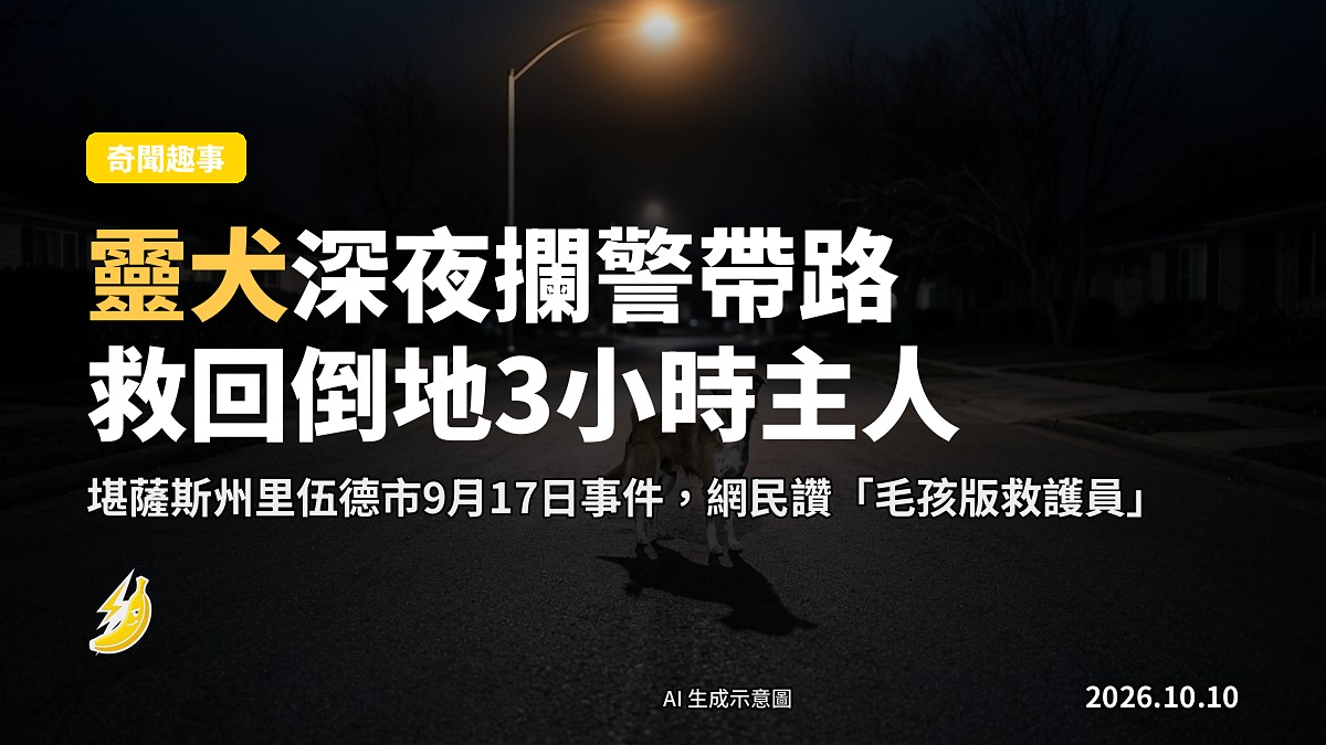 深夜住宅區馬路上一隻狗對著警車吠叫（示意圖）