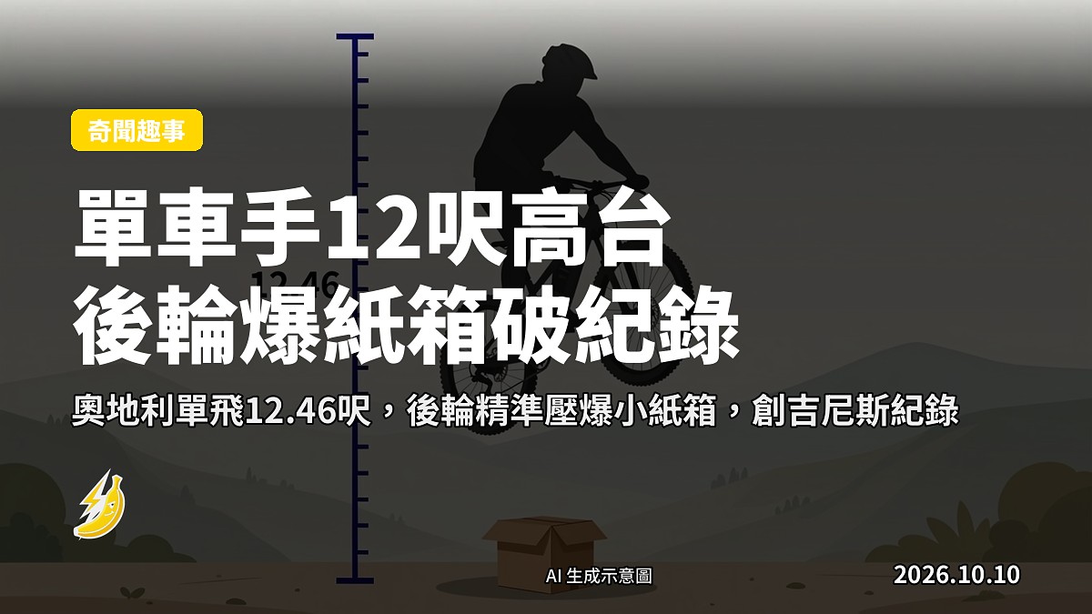 山地單車高台挑戰示意圖：高台邊緣、地面標示線及單車手剪影