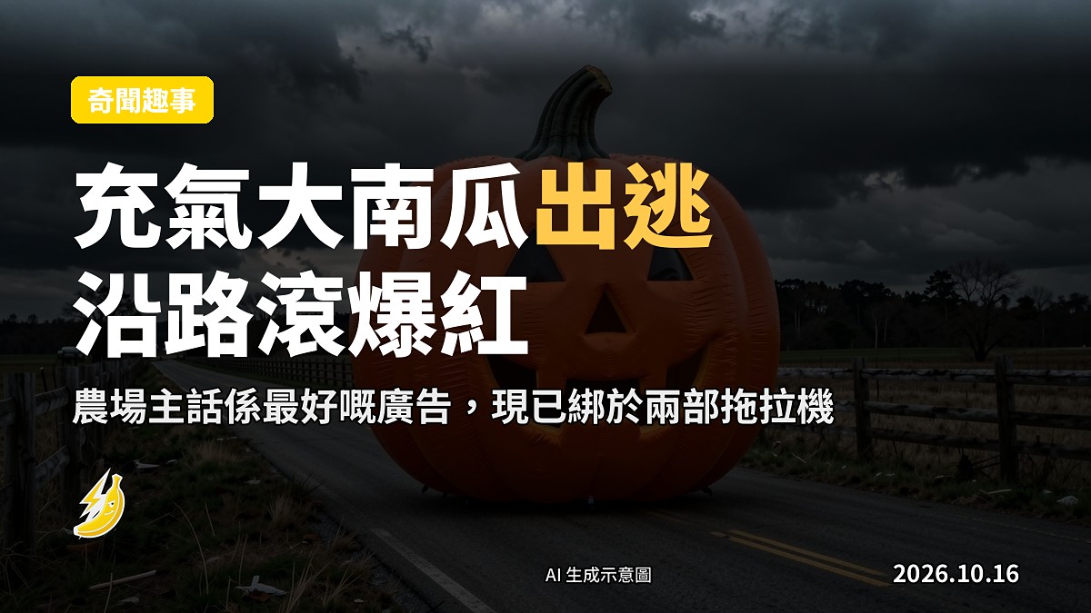 一個大型橙色充氣南瓜沿田邊圍欄滾動