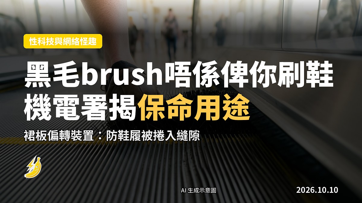 港鐵扶手電梯踏板兩側嘅黑色毛brush特寫，示意其真正安全用途