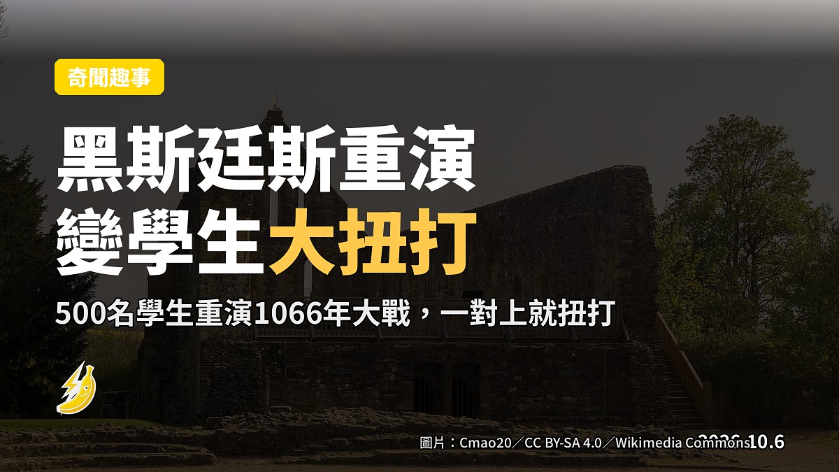 1966年黑斯廷斯之戰重演現場，學生著麻袋拿假兵器喺田上扭打，遠處大批觀眾