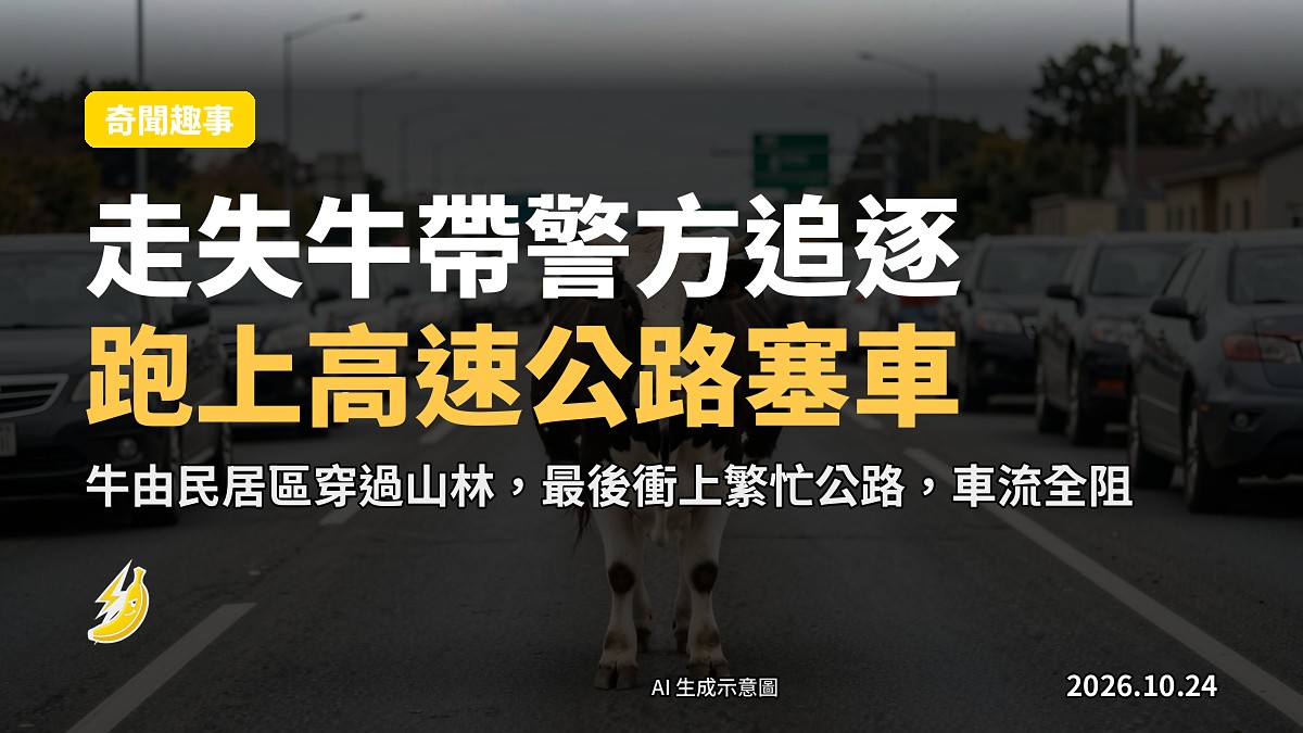 示意圖：一頭牛喺美國高速公路中央