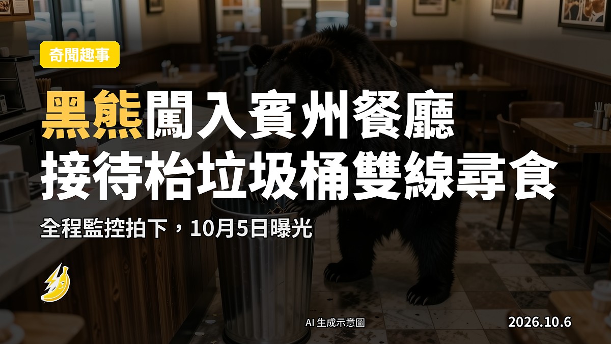 大型黑熊喺賓州餐廳後方垃圾桶翻尋食物，接待檯附近被監控拍下（示意圖）
