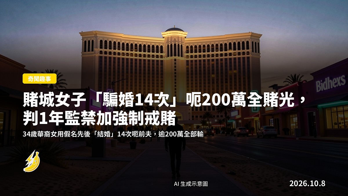 拉斯維加斯風格嘅賭城夜景，霓虹燈高樓同遠處單一人影（示意圖）