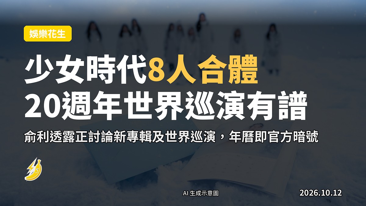 雪地上的藍色信封，上面印有8人白色服裝合照（示意圖）