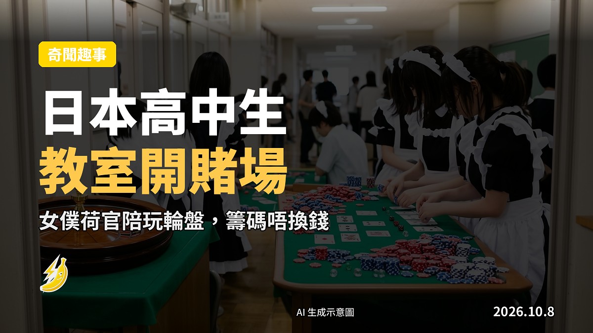 示意圖：日本高中嘅教室被改成佯裝賭場，有輪盤、骰子同撲克桌