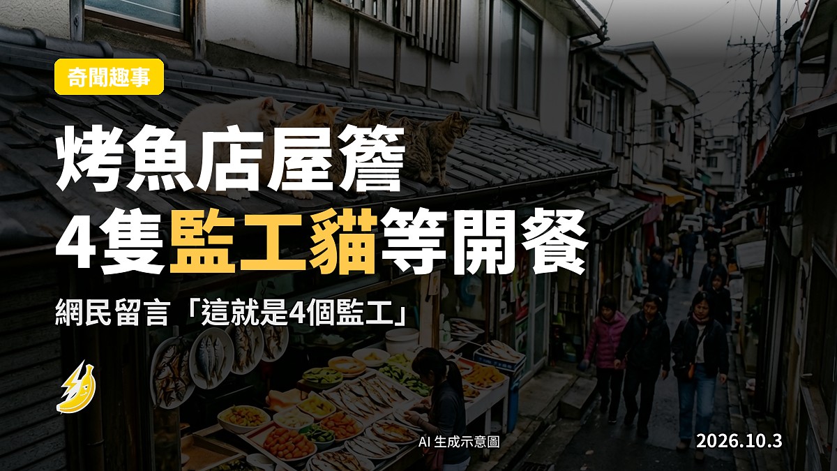 貴陽烤魚店屋簷上排排坐嘅4隻小貓，示意圖