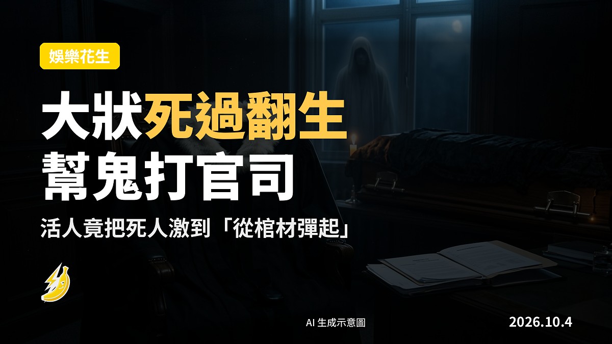 《地獄大狀》劇集場景示意：夜色下嘅律師事務所，角落擺住棺材，枱面放住法槌。