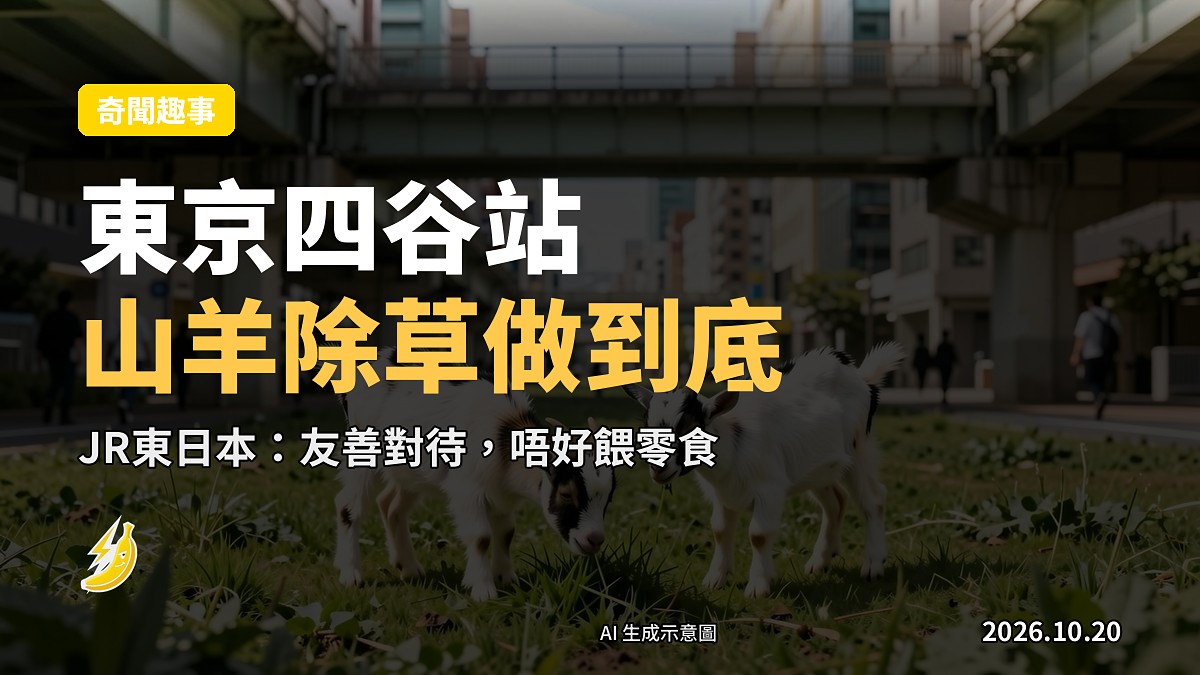 兩隻山羊喺東京車站下方嘅草地上吃草(示意圖)